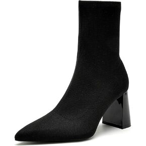 getmorebeauty Women's Ankle Boots Low Block Heel Stretch Knit Pointed Toe Mid Calf Boots Fashion Short Boots