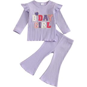 Baby Birthday Girl Outfit Birthday Girl Print Ribbed Ruffle Sleeve Shirt Solid Flare Pant Leggings Fall 2pcs Clothes