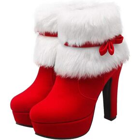 ERINGOGO Womens Women Christmas Ankle Boots, Winter Fur Lined Platform Pointed Toe Suede High Heel, Side Zipper Santa Claus Booties Women High Heels