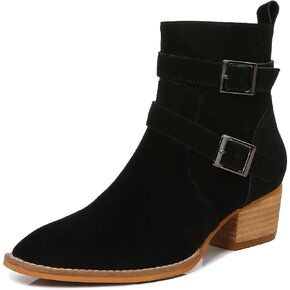 MM Women's Leather Ankle Boots with Adjustable Buckles, Classic Round Toe Chunky Wooden Low Heel Side Zipper Casual Chelsea Western Booties for Ladies Fall,Khaki Black