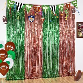 LOLStar 3 Pack Superbowl Photo Booth Prop, Football Party Decorations, 3.3x6.6 ft Dark Green and Brown Foil Fringe Curtain Photo Backdrop for Super Bowl Sunday Party, Football Themed Party Decoration
