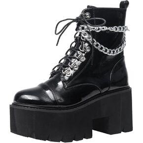 Black Platform Boots for Women with Fashion Chain Chunky Heeled Studded Combat Boots Lace Up and Zipper Goth emo Shoes Cosplay Halloween Ankle Booties for Daughter