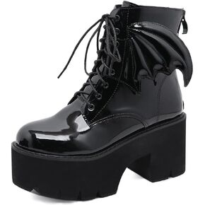 أحذية منصة سوداء للنساء مع سلسلة أزياء أحذية قتالية بكعب مكتنز ومرصعة بأربطة وسحاب أحذية إيمو قوطية للحفلات التنكرية للهالوين أحذية الكاحل للابنة in Kuwait