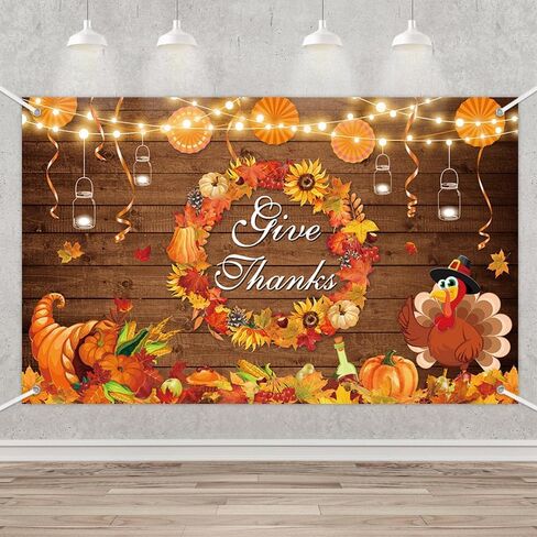 MEHOFOND Give Thanks Backdrop Banner Rustic Wood Turkey Thanksgiving Day Photography Background Fall Maple Leaf Wreath Pumpkin Thanksgiving Harvest Decor Party Photo Props 70.8 x 43.3 Inch in Saudi Arabia