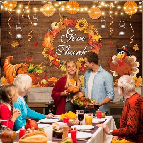 MEHOFOND Give Thanks Backdrop Banner Rustic Wood Turkey Thanksgiving Day Photography Background Fall Maple Leaf Wreath Pumpkin Thanksgiving Harvest Decor Party Photo Props 70.8 x 43.3 Inch in Saudi Arabia