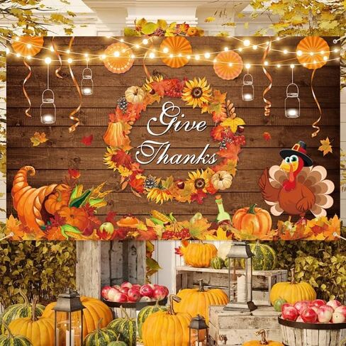 MEHOFOND Give Thanks Backdrop Banner Rustic Wood Turkey Thanksgiving Day Photography Background Fall Maple Leaf Wreath Pumpkin Thanksgiving Harvest Decor Party Photo Props 70.8 x 43.3 Inch in Saudi Arabia
