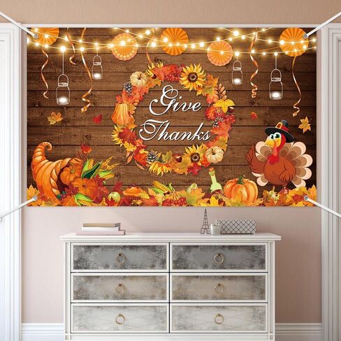 MEHOFOND Give Thanks Backdrop Banner Rustic Wood Turkey Thanksgiving Day Photography Background Fall Maple Leaf Wreath Pumpkin Thanksgiving Harvest Decor Party Photo Props 70.8 x 43.3 Inch in Saudi Arabia