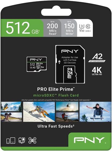 PNY 512GB PRO Elite Prime™ C10 U3 V30 A2 microSDXC Flash Memory Card – Ultra-Fast Speeds, Read 200MB/s, Write 150MB/s, 4K UHD, Full HD, UHS-I, for Smartphones, Drones, Action Cameras in Saudi Arabia