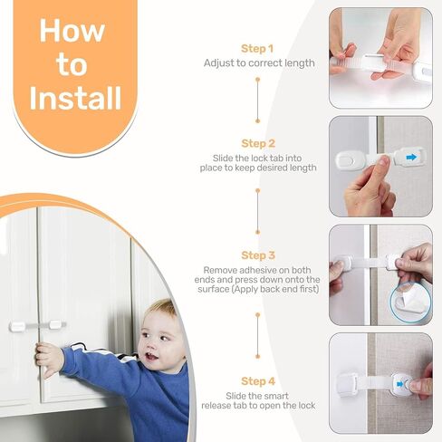 3M Adhesive Child Safety Strap Locks by Baby Proof Me, Baby Latches for Cabinets, Dishwashers, Fridges, Ovens and Trash Cans, Stain Free Toilet Lock (12 Safety Latches) in Saudi Arabia