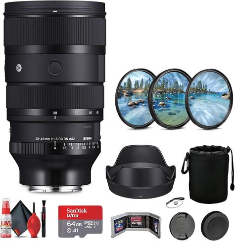Sigma 28-45mm f/1.8 DG DN Art Lens for Sony E (612965) Bundle Including: 64 GB Memory Card, Card Reader, Lens Pouch, Lens Hood, Front and Rear Lens Caps, 3-Piece Filter Kit, Cleaning Kit, Cap Keeper in Saudi Arabia
