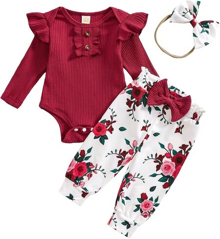 Baby Girls Clothes Ribbed Romper Bodysuit Pants Headband Set Fall Winter Outfits in Saudi Arabia