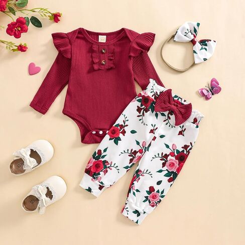 Baby Girls Clothes Ribbed Romper Bodysuit Pants Headband Set Fall Winter Outfits in Saudi Arabia