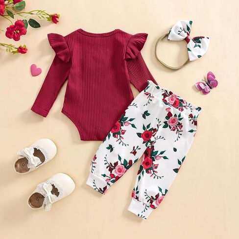 Baby Girls Clothes Ribbed Romper Bodysuit Pants Headband Set Fall Winter Outfits in Saudi Arabia