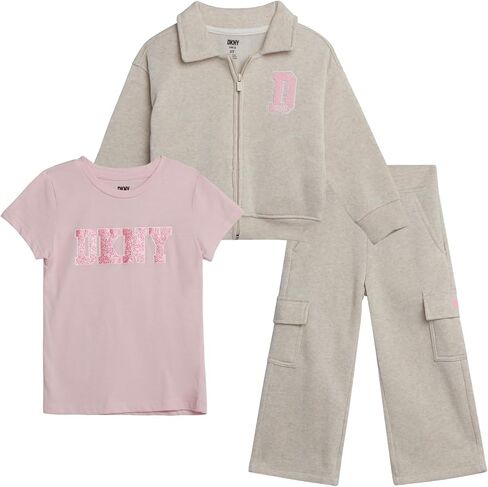 DKNY Girls Pants Set, 3 Piece Fleece Zip Hoodie, Jogger and Graphic Tee | Versatile Three Pieces, Elastic Waist Joggers and Soft Graphic Tee and warm fleece Zip up hoodie, Everyday Ready in Saudi Arabia