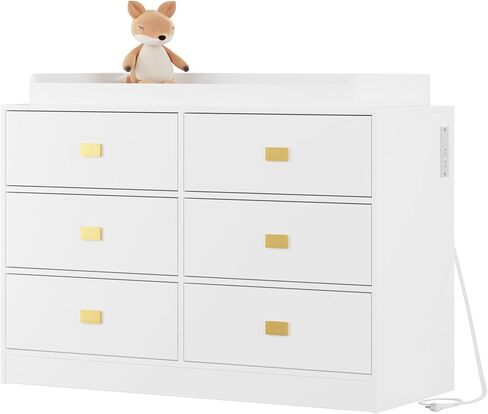 Dresser for Bedroom with 6 Drawers, Changing Table Dresser with Power Outlets, Soft Changing Pad & Removable Top, Baby Dresser with Changing Table Top for Nursery, White in Saudi Arabia