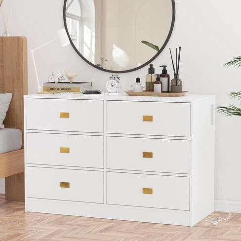 Dresser for Bedroom with 6 Drawers, Changing Table Dresser with Power Outlets, Soft Changing Pad & Removable Top, Baby Dresser with Changing Table Top for Nursery, White in Saudi Arabia