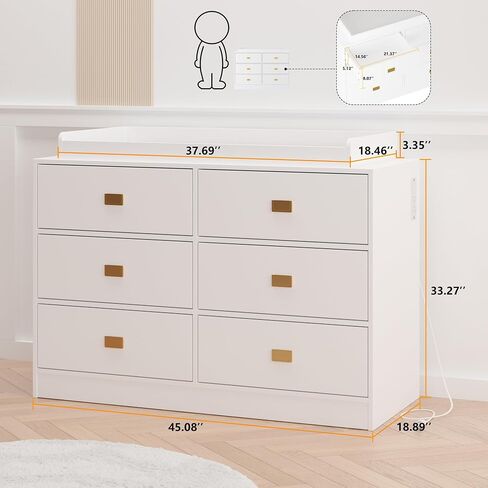 Dresser for Bedroom with 6 Drawers, Changing Table Dresser with Power Outlets, Soft Changing Pad & Removable Top, Baby Dresser with Changing Table Top for Nursery, White in Saudi Arabia