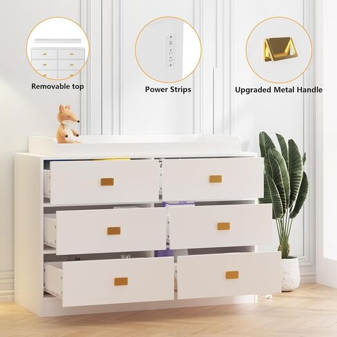 Dresser for Bedroom with 6 Drawers, Changing Table Dresser with Power Outlets, Soft Changing Pad & Removable Top, Baby Dresser with Changing Table Top for Nursery, White in Saudi Arabia
