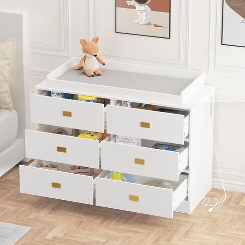 Dresser for Bedroom with 6 Drawers, Changing Table Dresser with Power Outlets, Soft Changing Pad & Removable Top, Baby Dresser with Changing Table Top for Nursery, White in Saudi Arabia