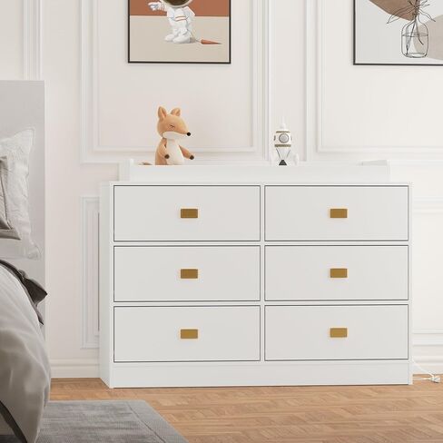 Dresser for Bedroom with 6 Drawers, Changing Table Dresser with Power Outlets, Soft Changing Pad & Removable Top, Baby Dresser with Changing Table Top for Nursery, White in Saudi Arabia