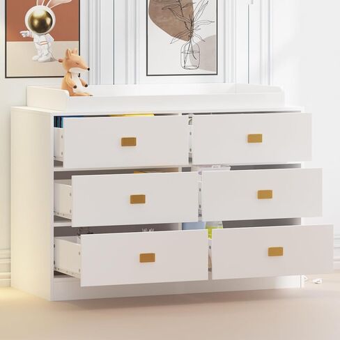 Dresser for Bedroom with 6 Drawers, Changing Table Dresser with Power Outlets, Soft Changing Pad & Removable Top, Baby Dresser with Changing Table Top for Nursery, White in Saudi Arabia