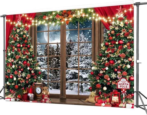 CHAIYA 7X5FT Christmas Backdrop Christmas Window Background Red Christmas Curtain Background Winter Snow Xmas Tree Gift Christmas Family Party Background New Year Party Backdrop in Kuwait