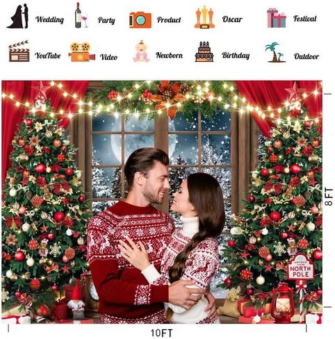 CHAIYA 7X5FT Christmas Backdrop Christmas Window Background Red Christmas Curtain Background Winter Snow Xmas Tree Gift Christmas Family Party Background New Year Party Backdrop in Kuwait