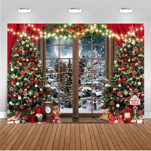 CHAIYA 7X5FT Christmas Backdrop Christmas Window Background Red Christmas Curtain Background Winter Snow Xmas Tree Gift Christmas Family Party Background New Year Party Backdrop in Kuwait