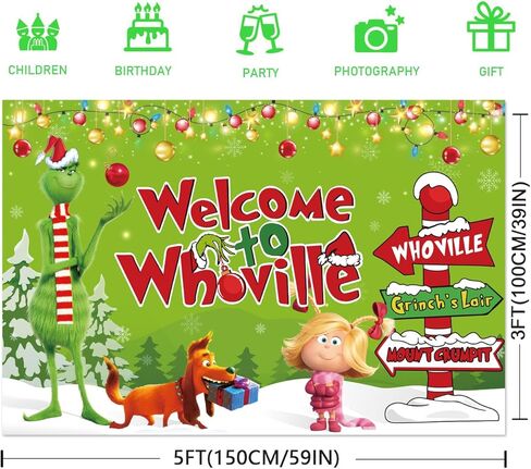 whoville زينة عيد الميلاد خلفية خضراء عيد الميلاد راية خلفية 5x3ft حجم كبير لطيف عيد الميلاد حزب خلفية الجدار للتصوير الفوتوغرافي عطلة الشتاء عيد الميلاد حزب اللوازم in Kuwait