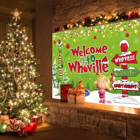 whoville زينة عيد الميلاد خلفية خضراء عيد الميلاد راية خلفية 5x3ft حجم كبير لطيف عيد الميلاد حزب خلفية الجدار للتصوير الفوتوغرافي عطلة الشتاء عيد الميلاد حزب اللوازم in Kuwait