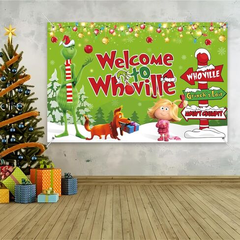 whoville زينة عيد الميلاد خلفية خضراء عيد الميلاد راية خلفية 5x3ft حجم كبير لطيف عيد الميلاد حزب خلفية الجدار للتصوير الفوتوغرافي عطلة الشتاء عيد الميلاد حزب اللوازم in Kuwait
