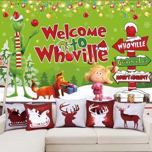 whoville زينة عيد الميلاد خلفية خضراء عيد الميلاد راية خلفية 5x3ft حجم كبير لطيف عيد الميلاد حزب خلفية الجدار للتصوير الفوتوغرافي عطلة الشتاء عيد الميلاد حزب اللوازم in Kuwait