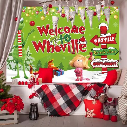 whoville زينة عيد الميلاد خلفية خضراء عيد الميلاد راية خلفية 5x3ft حجم كبير لطيف عيد الميلاد حزب خلفية الجدار للتصوير الفوتوغرافي عطلة الشتاء عيد الميلاد حزب اللوازم in Kuwait