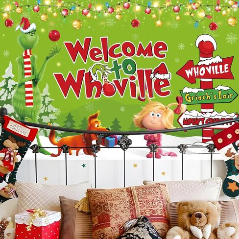 whoville زينة عيد الميلاد خلفية خضراء عيد الميلاد راية خلفية 5x3ft حجم كبير لطيف عيد الميلاد حزب خلفية الجدار للتصوير الفوتوغرافي عطلة الشتاء عيد الميلاد حزب اللوازم in Kuwait