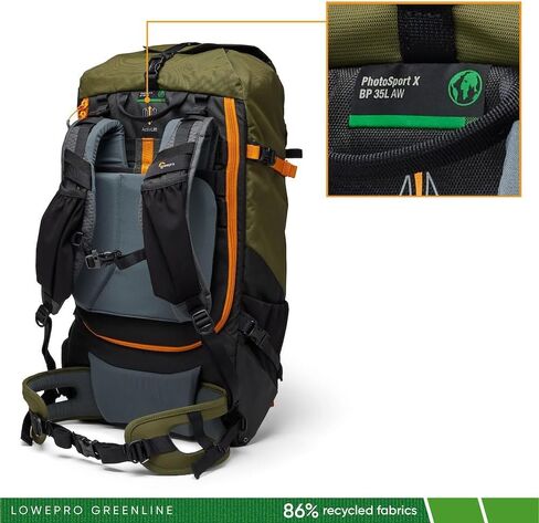 حقيبة ظهر Lowepro PhotoSport X سعة 35 لتر AW مع أقمشة معاد تدويرها، حقيبة ظهر للكاميرا للانعكاس والمرايا، وصول خلفي، إدراج كاميرا قابل للإزالة، ميزات مخصصة لتسلق الجبال، مقاس M/L، رمادي داكن/أخضر in Kuwait