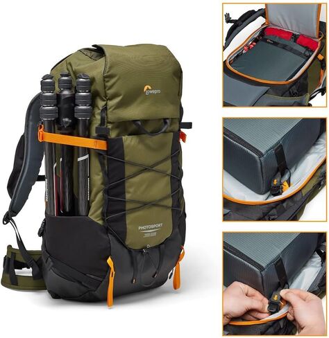 حقيبة ظهر Lowepro PhotoSport X سعة 35 لتر AW مع أقمشة معاد تدويرها، حقيبة ظهر للكاميرا للانعكاس والمرايا، وصول خلفي، إدراج كاميرا قابل للإزالة، ميزات مخصصة لتسلق الجبال، مقاس M/L، رمادي داكن/أخضر in Kuwait