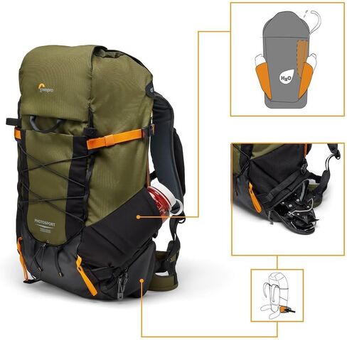 حقيبة ظهر Lowepro PhotoSport X سعة 35 لتر AW مع أقمشة معاد تدويرها، حقيبة ظهر للكاميرا للانعكاس والمرايا، وصول خلفي، إدراج كاميرا قابل للإزالة، ميزات مخصصة لتسلق الجبال، مقاس M/L، رمادي داكن/أخضر in Kuwait