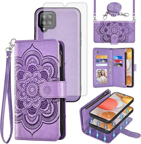 حافظة هاتف Asuwish لهاتف Samsung Galaxy A42 5G مزودة بسحاب وغطاء خلوي قابل للفصل مع واقي شاشة من الزجاج المقسى وحزام كروس وفتحة بطاقة زهرة A 42 G5 42A S42 4G 2021 للنساء والفتيات باللون الرمادي in Kuwait