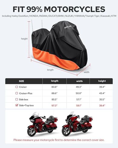 غطاء دراجة نارية مقاوم للماء يحل محل Harley Davidson Touring Limited مع نماذج الجذع، أغطية دراجة نارية Benlari 300D مع صندوق جانبي مقاوم للماء في الهواء الطلق حماية من جميع الأحوال الجوية (برتقالي) in Saudi Arabia