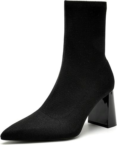 getmorebeauty Women's Ankle Boots Low Block Heel Stretch Knit Pointed Toe Mid Calf Boots Fashion Short Boots in Saudi Arabia