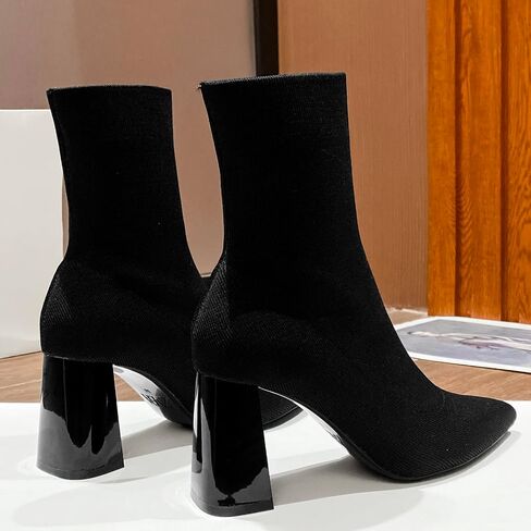getmorebeauty Women's Ankle Boots Low Block Heel Stretch Knit Pointed Toe Mid Calf Boots Fashion Short Boots in Saudi Arabia