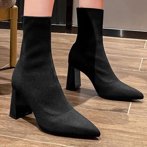 getmorebeauty Women's Ankle Boots Low Block Heel Stretch Knit Pointed Toe Mid Calf Boots Fashion Short Boots in Saudi Arabia
