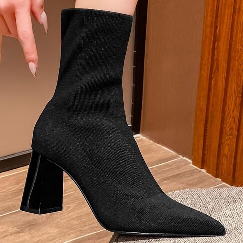getmorebeauty Women's Ankle Boots Low Block Heel Stretch Knit Pointed Toe Mid Calf Boots Fashion Short Boots in Saudi Arabia