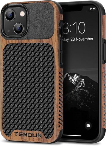 TENDLIN Compatible with iPhone 14 Plus Case Wood Grain with Carbon Fiber Texture Design Leather Hybrid Slim Case Black in Saudi Arabia