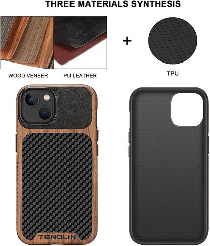 TENDLIN Compatible with iPhone 14 Plus Case Wood Grain with Carbon Fiber Texture Design Leather Hybrid Slim Case Black in Saudi Arabia