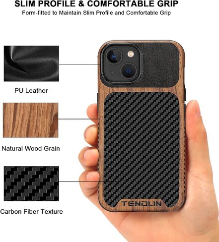 TENDLIN Compatible with iPhone 14 Plus Case Wood Grain with Carbon Fiber Texture Design Leather Hybrid Slim Case Black in Saudi Arabia