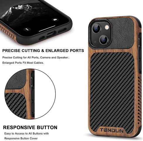 TENDLIN Compatible with iPhone 14 Plus Case Wood Grain with Carbon Fiber Texture Design Leather Hybrid Slim Case Black in Saudi Arabia