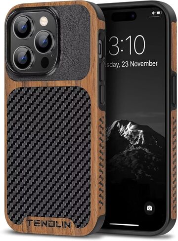 TENDLIN Compatible with iPhone 14 Plus Case Wood Grain with Carbon Fiber Texture Design Leather Hybrid Slim Case Black in Saudi Arabia