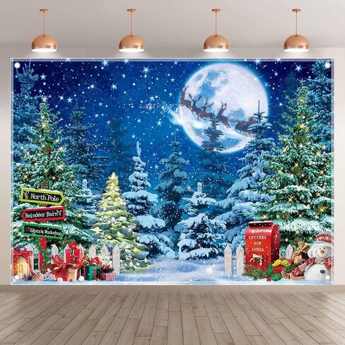 10x8ft North Pole Photography Backdrop Christmas Winter Scene Night Snow Background Xmas Tree Fairytale Forest Photo Supplies Shooting Banner in Saudi Arabia