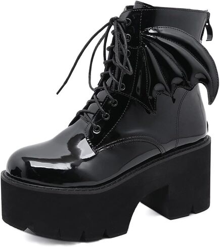 أحذية منصة سوداء للنساء مع سلسلة أزياء أحذية قتالية بكعب مكتنز ومرصعة بأربطة وسحاب أحذية إيمو قوطية للحفلات التنكرية للهالوين أحذية الكاحل للابنة in Kuwait